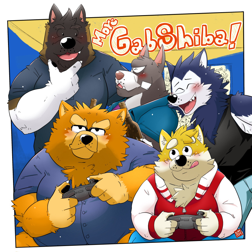 1:1 2019 absurd_res akita anthro bau_husky belly black_nose blush canid canine canis chow_chow closed_eyes clothing domestic_dog eyewear gab_(comic) gab_shiba glasses group hi_res humanoid_hands husky kamui_shirow male mammal nordic_sled_dog overweight overweight_male pit_bull ruff_bull shiba_inu shirt spitz text tongue tongue_out topwear voff_akita wang_chow