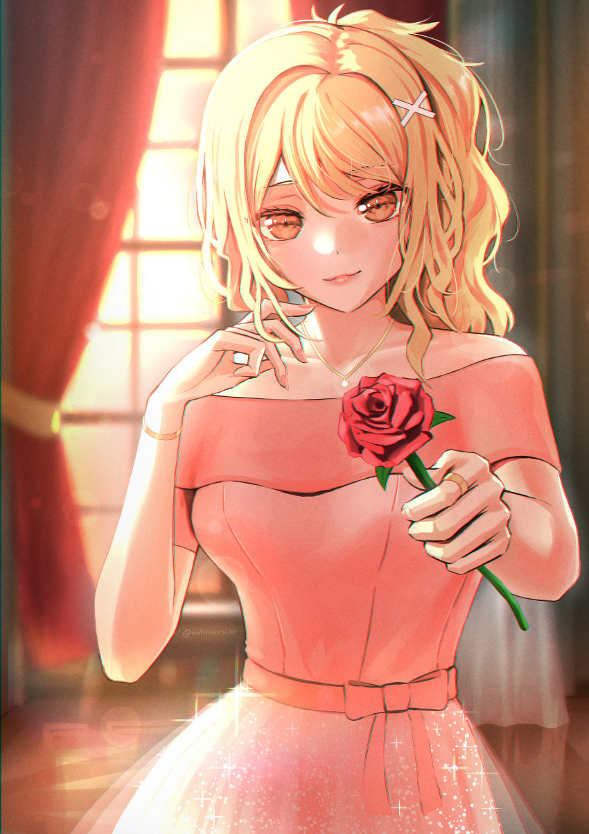 absurdres bare_shoulders blonde_hair bow bracelet chromatic_aberration collarbone commentary dress female flower hair_ornament hairclip hand_up highres holding holding_flower indoors jewelry lips looking_at_viewer love_live! love_live!_nijigasaki_high_school_idol_club miyashita_ai necklace notinversion off-shoulder_dress off_shoulder orange_eyes pink_dress ribbon rose see-through solo swept_bangs window x_hair_ornament