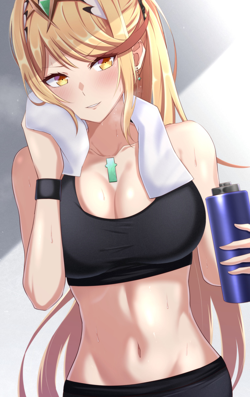 bare_shoulders blonde_hair blush bottle breasts chest_jewel cleavage collarbone commentary crop_top dutch_angle earrings female highres jewelry large_breasts looking_at_viewer mebi_il midriff mythra_(xenoblade) navel ponytail solo sports_bra sweat swept_bangs towel water_bottle xenoblade_chronicles_(series) xenoblade_chronicles_2 yellow_eyes