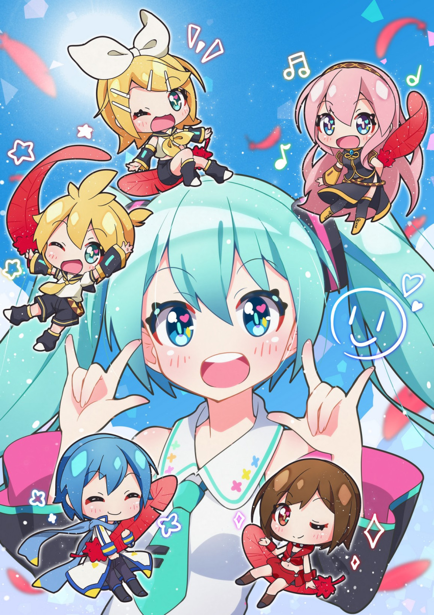 2boys 4girls \m/ ^_^ blonde_hair blue_eyes blue_hair blue_necktie brown_hair chibi closed_eyes commentary fuusen_neko green_eyes hatsune_miku highres kagamine_len kagamine_rin kaito_(vocaloid) long_hair megurine_luka meiko_(vocaloid) midriff multiple_boys multiple_girls navel necktie photoshop_(medium) pink_hair red_eyes short_hair twintails vocaloid