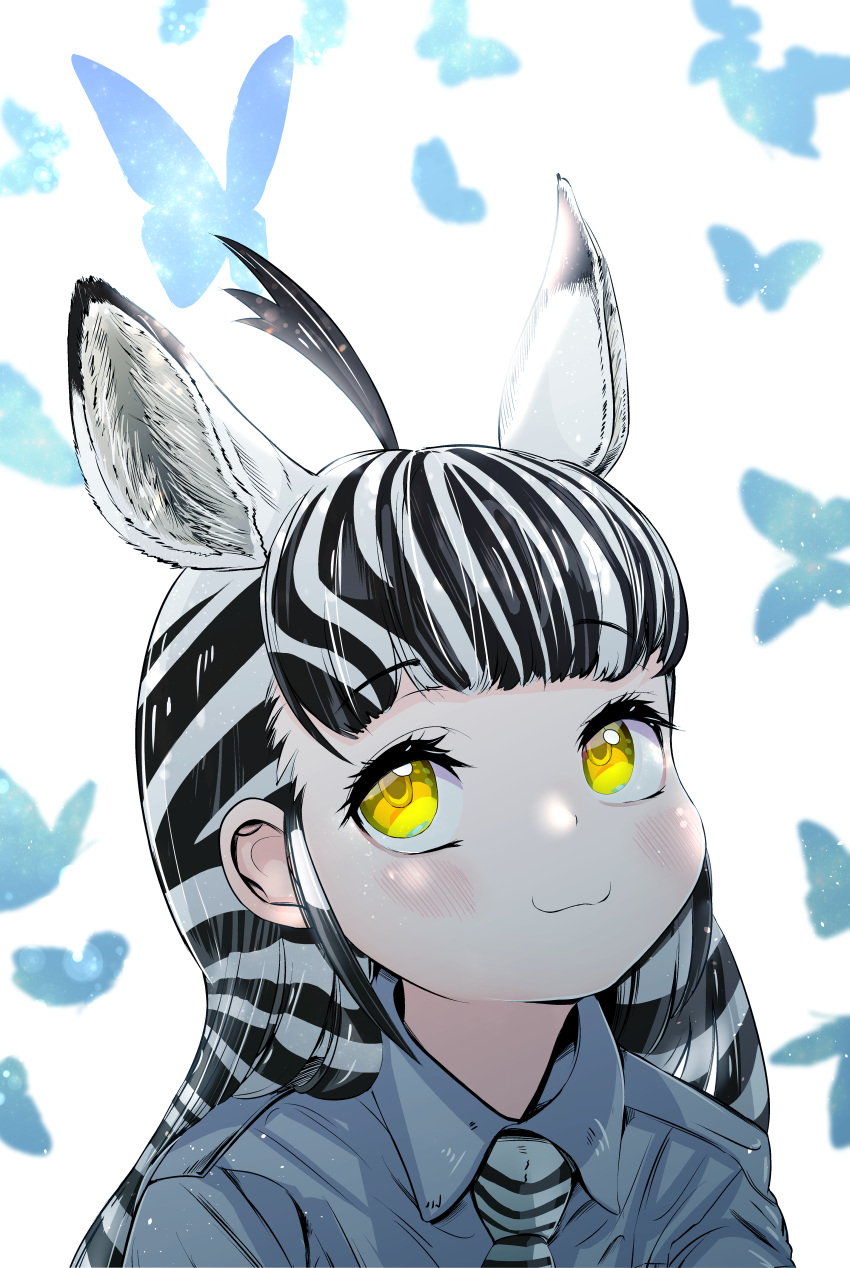 absurdres ahoge akegata_tobari animal animal_ears animal_print black_hair blue_butterfly blush bug butterfly closed_mouth collared_shirt commentary_request extra_ears female grey_shirt highres kemono_friends kemono_friends_3 long_hair looking_at_viewer multicolored_hair necktie plains_zebra_(kemono_friends) portrait print_necktie shirt sidelocks smile solo striped_hair two-tone_hair white_hair wing_collar yellow_eyes zebra_ears zebra_print