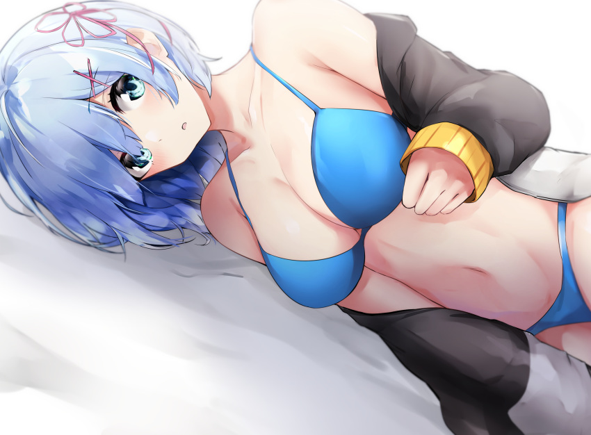 absurdres bad_id bad_pixiv_id bare_shoulders bikini black_jacket blue_bikini blue_eyes blue_hair breasts cleavage collarbone cosplay female hair_between_eyes hair_ornament highres jacket large_breasts long_sleeves looking_at_viewer lying nanashinayuzu_mochi natsuki_subaru natsuki_subaru_(cosplay) navel on_side open_mouth re:zero_kara_hajimeru_isekai_seikatsu rem_(re:zero) short_hair simple_background stomach swimsuit track_jacket unworn_jacket white_background x_hair_ornament