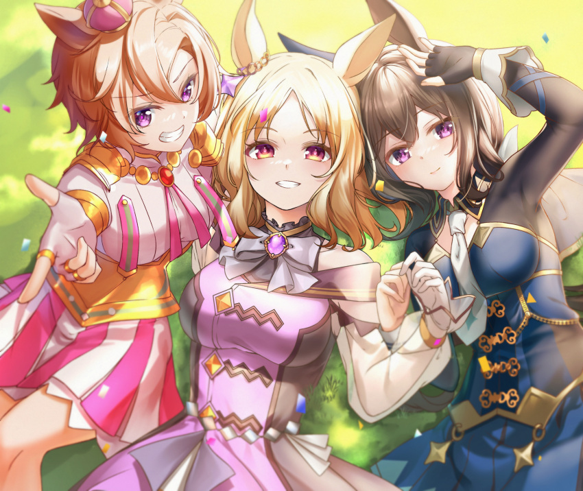 3girls admire_vega_(umamusume) animal_ears black_gloves blonde_hair bow bowtie brown_hair commentary crown dress ear_covers english_commentary fingerless_gloves gloves grey_bow grey_bowtie grin hair_ribbon highres horse_ears horse_girl long_hair long_sleeves looking_at_viewer low_ponytail mini_crown multiple_girls narita_top_road_(umamusume) off-shoulder_dress off_shoulder orange_hair purple_dress purple_eyes ribbon rukinya_(nyanko_mogumogu) short_hair single_ear_cover single_glove smile t.m._opera_o_(umamusume) two-tone_skirt umamusume umamusume:_road_to_the_top white_gloves white_ribbon