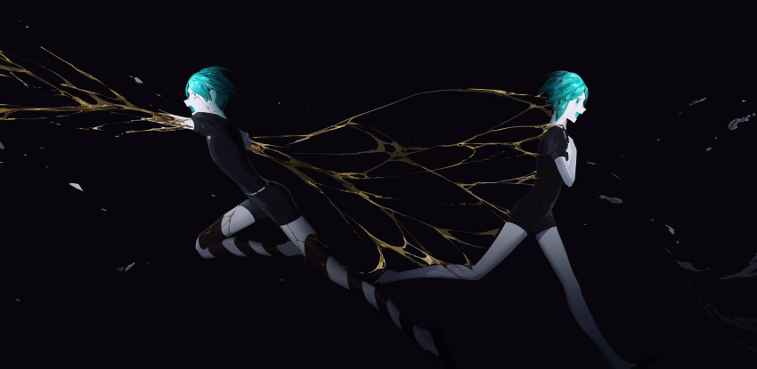 2others age_comparison androgynous black_background black_footwear black_necktie crack cracked_skin crystal_hair feet_out_of_frame from_side gem_uniform_(houseki_no_kuni) glowing glowing_hair golden_arms hands_on_own_chest hands_up happy highres houseki_no_kuni liquid liquid_metal meru02295238 multiple_others necktie open_mouth other_focus outstretched_arms phosphophyllite profile puffy_short_sleeves puffy_sleeves running sad shards shoes short_sleeves shorts simple_background spoilers striped time_paradox