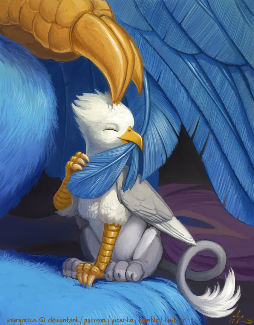 amarynceus avian avian_feet beak blue_body closed_eyes der duo feather_preening feathered_wings feathers feral gryphon gyro_feather head_scratch hi_res male mythological_avian mythological_creature mythology paws personal_grooming pink_body quadruped social_grooming tail tail_tuft tuft wings