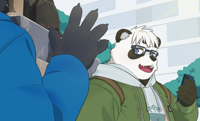 2022 anthro bear biped black_body black_nose blue_eyes clothing duo eyewear giant_panda glasses hi_res hoodie humanoid_hands kemoniku120 kemono mammal outside overweight plant sasayama_akira topwear tree vtuber white_body