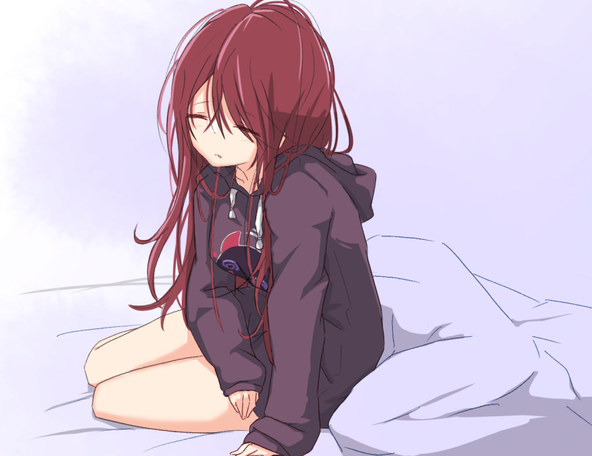 arm_support bare_legs bed_sheet blanket brown_hair closed_eyes commentary_request female hood hoodie idolmaster idolmaster_shiny_colors ito_(itokayu) long_hair osaki_tenka partial_commentary purple_hoodie sitting sleepy solo straight_hair very_long_hair yokozuwari