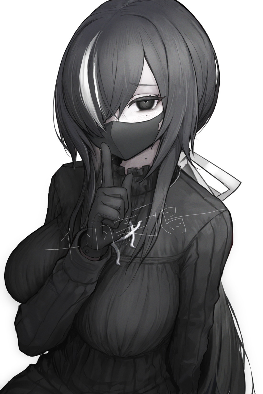 bad_id bad_pixiv_id bow breasts commentary female finger_to_mouth greyscale hair_over_one_eye hairbow highres large_breasts long_hair looking_at_viewer mask mihato_senba mole mole_on_neck mole_under_eye monochrome mouth_mask multicolored_hair original solo streaked_hair white_background