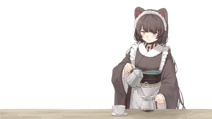 animal_ears apron bad_id bad_twitter_id blush braid brown_hair brown_kimono coffee_maker cup disposable_coffee_cup disposable_cup dog_ears dog_girl eyebrows_hidden_by_hair female flower frilled_kimono frills hair_flower hair_ornament heterochromia highres inui_toko japanese_clothes kanoe_(tatsukanoe) kimono long_hair looking_down low_twintails maid maid_apron maid_headdress nijisanji obi pouring red_eyes sash smile solo twin_braids twintails very_long_hair virtual_youtuber wa_maid wide_sleeves yellow_eyes