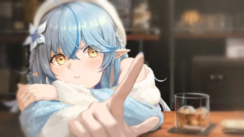 ahoge alcohol bar_(place) beret blue_hair blue_jacket blurry blurry_background blush braid check_commentary colored_tips commentary_request cup elf female flower fur_trim glass hair_between_eyes hair_flower hair_ornament half_updo hand_on_own_arm hat highres hololive jacket kanoe_(tatsukanoe) leaning_forward long_hair looking_at_viewer multicolored_hair off_shoulder pointing pointing_at_viewer pointy_ears pout solo streaked_hair table virtual_youtuber white_hat yellow_eyes yukihana_lamy yukihana_lamy_(1st_costume)