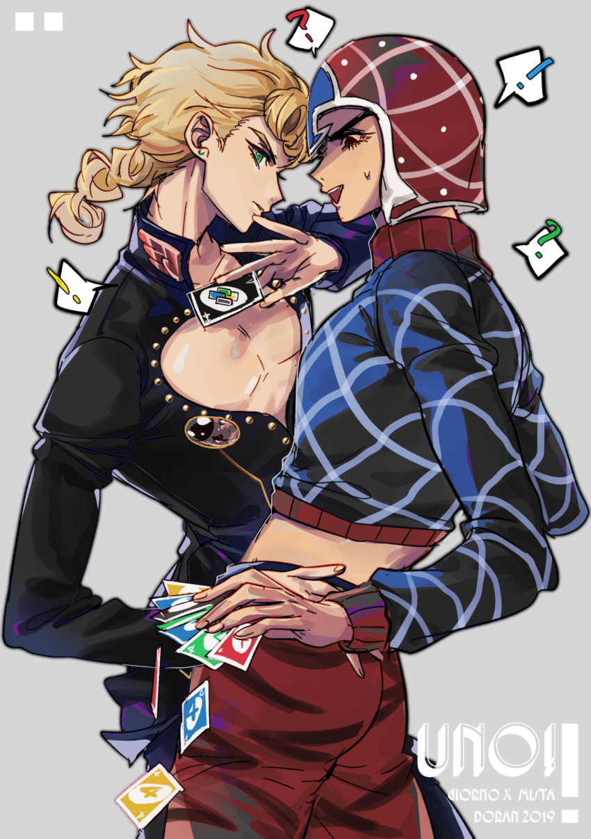 2boys argyle_clothes argyle_sweater blonde_hair card cleavage_cutout clothing_cutout commentary_request couple doran_(doran7280) earrings giorno_giovanna green_eyes guido_mista hat highres holding holding_card jewelry jojo_no_kimyou_na_bouken lips long_hair male_focus multiple_boys open_mouth pectoral_cleavage pectorals sweater tetraphobia unbuttoned uno_(game) upper_body vento_aureo yaoi