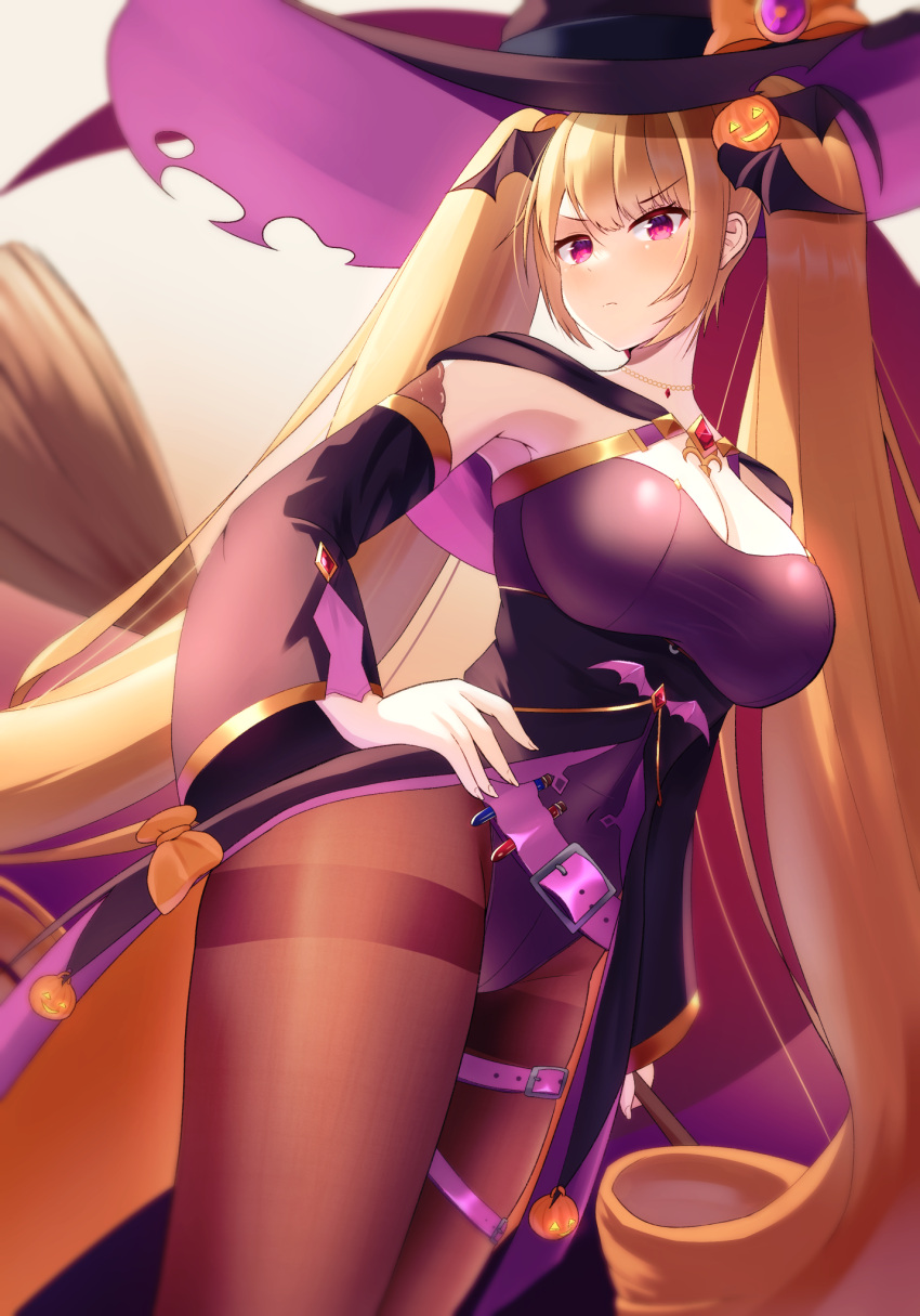 azur_lane bat_hair_ornament belt black_pantyhose blonde_hair blush breasts broom cape cleavage female food-themed_hair_ornament gem hair_ornament halloween halloween_costume hat highres holding holding_broom jack-o'-lantern jack-o'-lantern_hair_ornament large_breasts leotard long_hair looking_at_viewer nelson_(azur_lane) nelson_(luna_witch)_(azur_lane) official_alternate_costume pantyhose potion pumpkin_hair_ornament purple_leotard red_eyes red_gemstone solo tako-san_wiener_(takosanuma) taut_leotard thighband_pantyhose twintails very_long_hair witch_hat