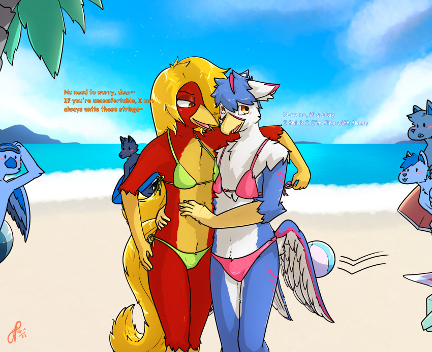 anthro avian beach beak being_watched bikini bikini_bottom bikini_top bird bulge chrysolophus clothed clothing crossdressing detailed_bulge english_text feathers femboy fridaylugia galliform glori_gamebird golden_pheasant gryphon hair hi_res long_hair long_tail looking_at_another male mythological_avian mythological_creature mythology nero_(fridaylugia) phasianid red_body red_feathers seaside string_bikini swimwear tail text yellow_beak yellow_body yellow_feathers