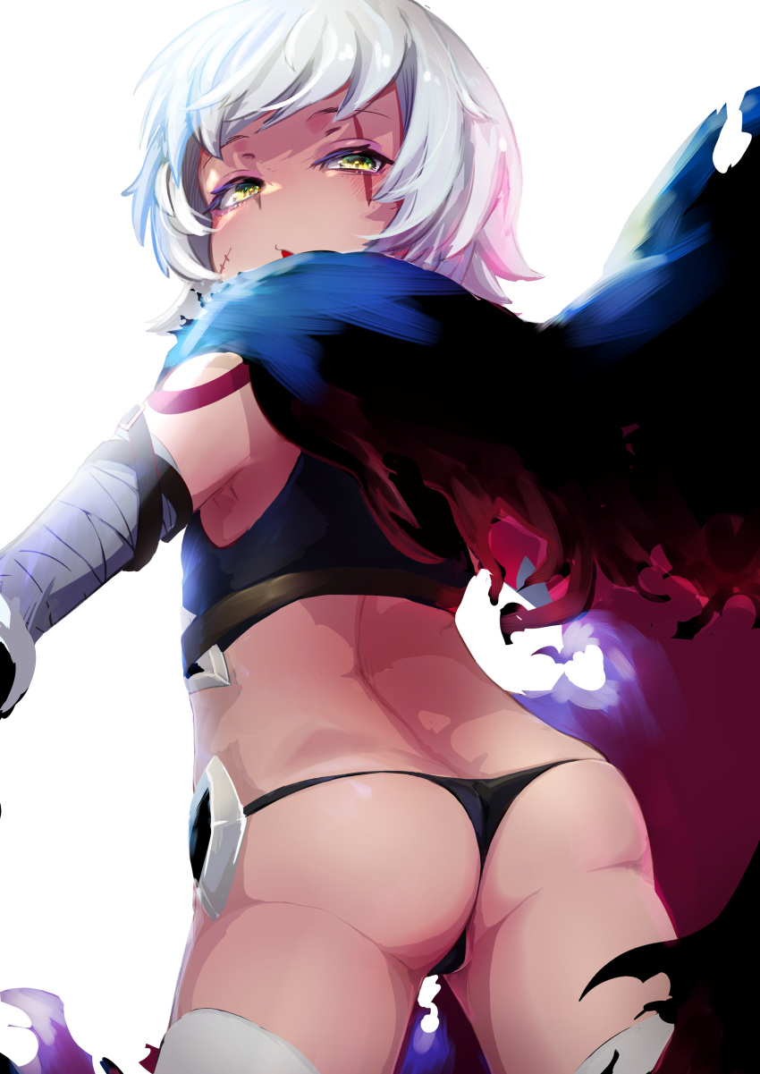 absurdres ass bandaged_arm bandages bare_shoulders black_panties black_thighhighs blush butt_crack fate/apocrypha fate/grand_order fate_(series) female from_behind green_eyes grey_hair highres jack_the_ripper_(fate/apocrypha) looking_at_viewer looking_back mightyjump98 panties scar scar_across_eye short_hair shoulder_tattoo solo tattoo thighhighs underwear