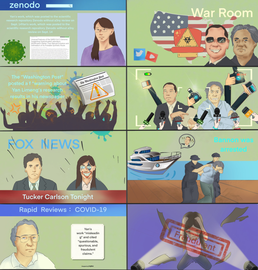 absurdres american_flag brown_hair communist_party_of_china coronavirus_pandemic crying english_text fox_news guo_wengui highres makeup multiple_girls newspaper non-web_source off-topic police propaganda self-upload speech_bubble steve_bannon tucker_carlson twitter_logo united_states virus yacht yan_limeng youtube_logo