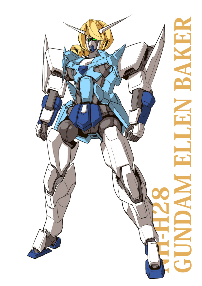 arms_at_sides character_name clenched_hand copyright_name cosplay ellen_baker ellen_baker_(cosplay) green_eyes gundam highres i.takashi mecha mobile_suit_gundam new_horizon no_humans robot rx-78-2 simple_background solo standing white_background