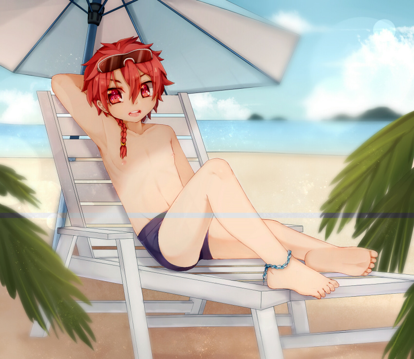 1boy alexander_(fate) anklet bad_feet barefoot beach braid commentary_request day eyewear_on_head eyuzi_i fate/grand_order fate_(series) feet full_body hair_between_eyes highres jewelry looking_at_viewer male_focus male_swimwear open_mouth outdoors pectorals red_eyes red_hair shade single_braid smile solo swim_briefs