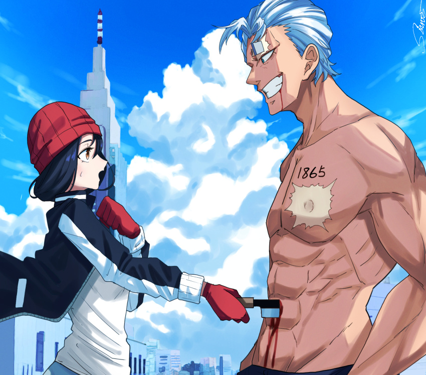 1boy abs andy_(undead_unluck) beanie black_hair black_jacket bleeding blood blue_hair brown_eyes commentary_request day eye_contact female hat highres holding holding_knife izumo_fuuko jacket knife looking_at_another medium_hair muscular muscular_male outdoors pectorals red_beanie red_headwear scar scar_on_face scar_on_forehead shirt shishiruto short_hair skullcap smile stab sweatdrop topless_male undead_unluck weapon white_shirt wind