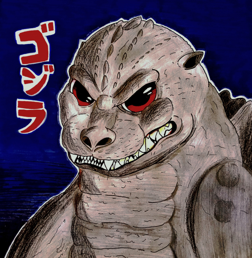 anthro black_background blue_background bust_portrait fangs glury_the_unown godzilla godzilla_(series) hi_res icon japanese_text kaiju looking_at_viewer male monster portrait red_eyes scalie sharp_teeth simple_background solo teeth text toho traditional_media_(artwork) yellow_teeth