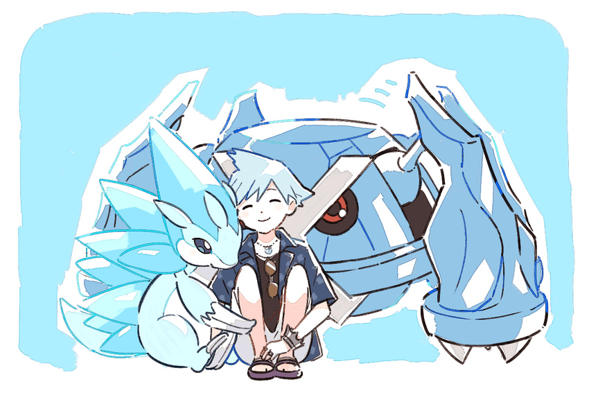 1boy alolan_sandslash blush bracelet closed_eyes closed_mouth commentary_request grey_hair ittumozzz jewelry male_focus metagross necklace official_alternate_costume pokemon pokemon_(creature) pokemon_masters_ex ring sandals short_hair shorts sitting smile spiked_hair steven_stone steven_stone_(summer_2020) sunglasses undershirt