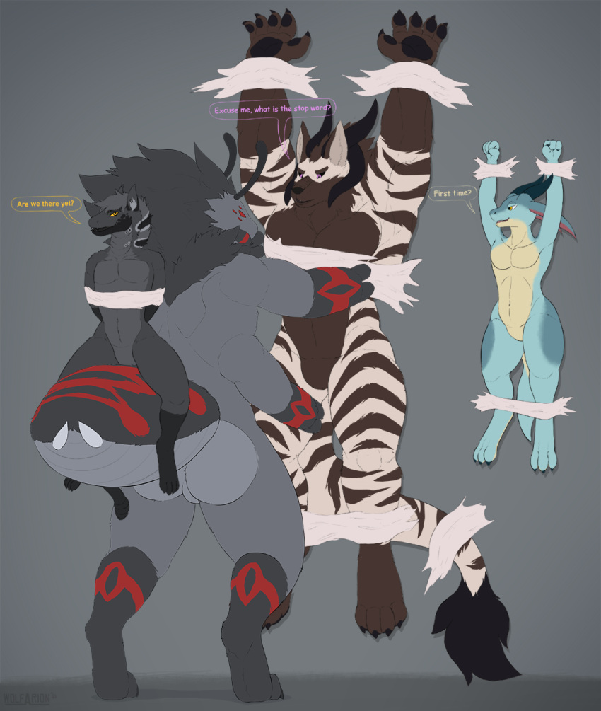 2021 antennae_(anatomy) anthro arachnid araneomorph arthropod arthropod_webbing black_body black_fur black_horn black_nose blue_body blue_skin bound brown_body brown_fur canid canine canis claws colored demon dialogue english_text fallout femboy firexuz_(firexuz) fur grey_body grey_fur group hi_res horn hybrid kobold kuno_bloodclaw larger_male lips long_tail lycosid_(wolfarion) male mammal mandibles markings microsoft multi_eye multicolored_body night_stalker_(fallout) open_mouth pawpads paws purple_eyes red_eyes simple_background size_difference smaller_male smile speech_bubble spider spider_web stripes tail teeth text tongue wall_bondage web_bondage white_body white_fur wolf wolfarion wolfarion_(character) yellow_eyes