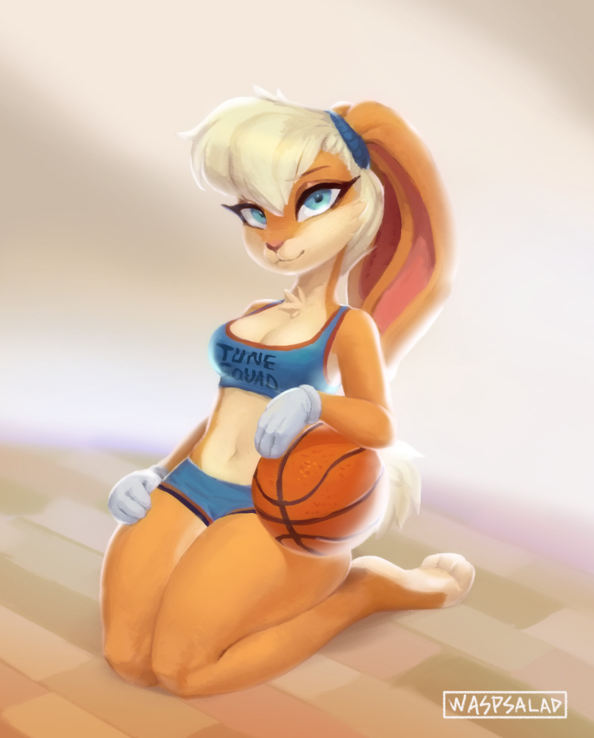 2021 3_toes anthro ball barefoot basketball basketball_(ball) basketball_uniform blonde_hair breasts buckteeth clothed clothing digital_media_(artwork) english_text feet female fluffy fluffy_tail gloves hair handwear hi_res inside kneeling lagomorph leporid lola_bunny looking_at_viewer looney_tunes mammal navel paws rabbit shaded shirt signature soles solo space_jam sportswear tail tank_top teeth text text_on_clothing text_on_shirt text_on_tank_top text_on_topwear toes topwear tune_squad_outfit tune_squad_outfit_(2021) uniform warner_brothers waspsalad