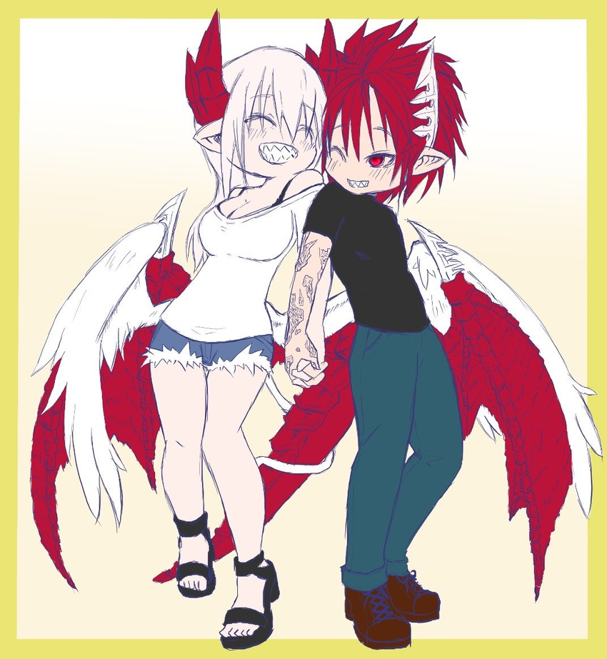 1boy bare_shoulders black_bra black_footwear black_shirt boots bra bra_strap breasts brown_footwear chibi cleavage closed_eyes couple demon_boy demon_girl demon_horns denim denim_shorts dragon_wings feathered_wings female holding_hands horns husband_and_wife jeans large_breasts long_hair lorem_(mazohaha) musuko_ga_kawaikute_shikatanai_mazoku_no_hahaoya nedgia1421 one_eye_closed pants red_eyes red_hair red_horns red_wings sandals scar shirt short_hair shorts sieg_(mazohaha) straight underwear white_hair white_horns white_shirt wings