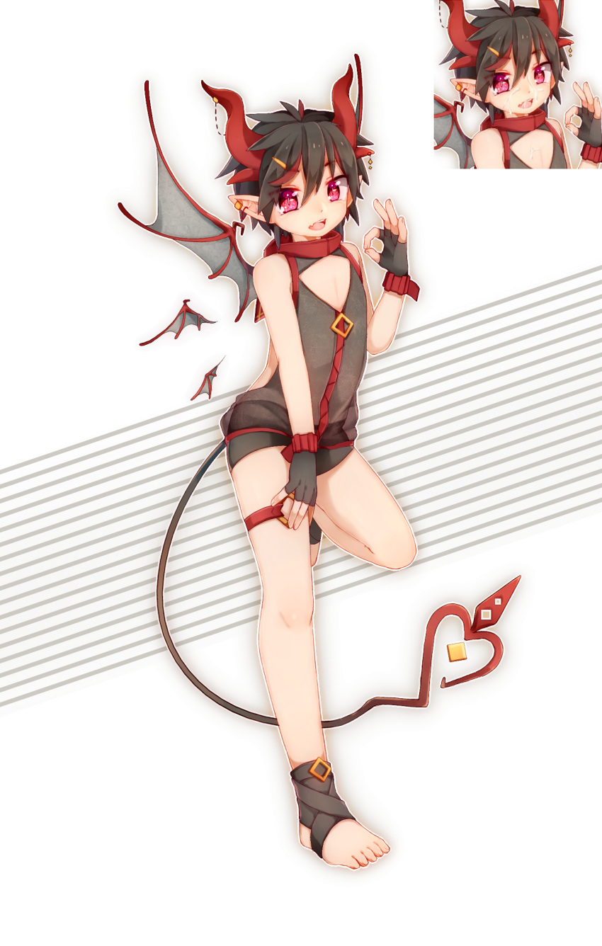 1boy black_hair demon_boy earrings eyuzi_i feet fingerless_gloves full_body gloves hair_between_eyes highres jewelry looking_at_viewer male_focus oerba_yun_fang original pink_eyes pointy_ears skin_fang smile solo wings