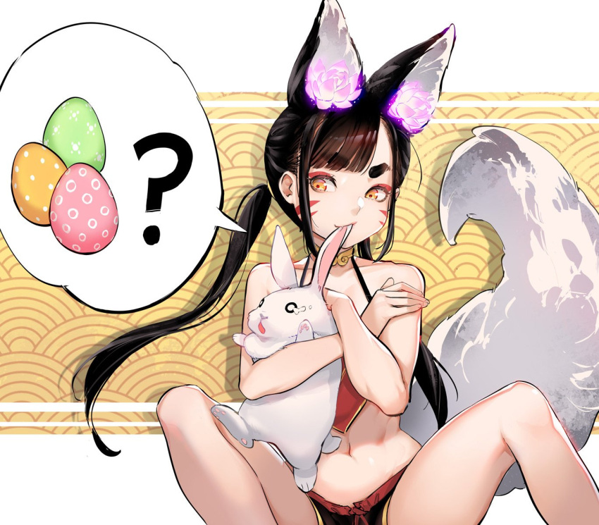 animal animal_ears bad_id bad_twitter_id bare_legs biting black_hair black_shorts chinese_clothes commentary dudou ear_biting easter_egg egg english_commentary facial_mark female flower fox_ears fox_girl fox_tail highres holding holding_animal hu-er_(robot_cat) knees_up long_hair looking_at_animal looking_down navel oerba_yun_fang orange_eyes original purple_flower rabbit robot_cat_(robotcatart) short_shorts shorts sidelocks sitting solo spread_legs stomach tail thick_eyebrows twintails whisker_markings