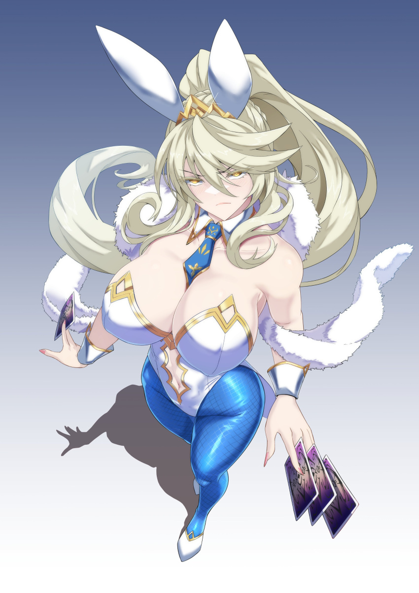 absurdres ahoge animal_ears artoria_pendragon_(fate) artoria_pendragon_(lancer_alter)_(fate) artoria_pendragon_(swimsuit_ruler)_(fate) artoria_pendragon_(swimsuit_ruler)_(fate)_(cosplay) bare_shoulders blonde_hair blue_pantyhose braid breasts card cleavage clothing_cutout collarbone cosplay detached_collar fate/grand_order fate_(series) feather_boa female fishnet_pantyhose fishnets french_braid full_body hair_between_eyes high_heels highleg highleg_leotard highres large_breasts leotard long_hair looking_at_viewer navel navel_cutout necktie pantyhose playboy_bunny playing_card ponytail rabbit_ears sidelocks solo tiara torahime_(roland00) white_footwear white_leotard wrist_cuffs yellow_eyes