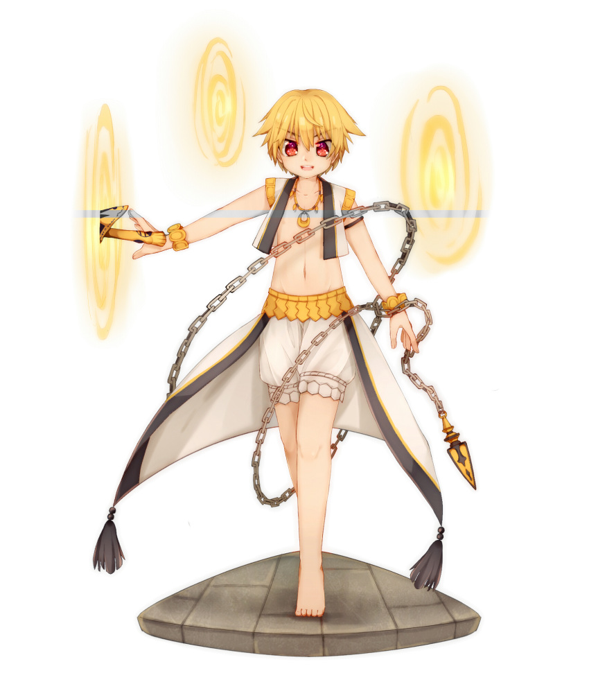 1boy barefoot blonde_hair chains child_gilgamesh_(fate) commentary_request enkidu_(weapon)_(fate) eyuzi_i fate/grand_order fate/hollow_ataraxia fate_(series) full_body gate_of_babylon_(fate) gilgamesh_(fate) hair_between_eyes highres looking_at_viewer male_focus navel pectorals red_eyes short_hair shorts solo vest