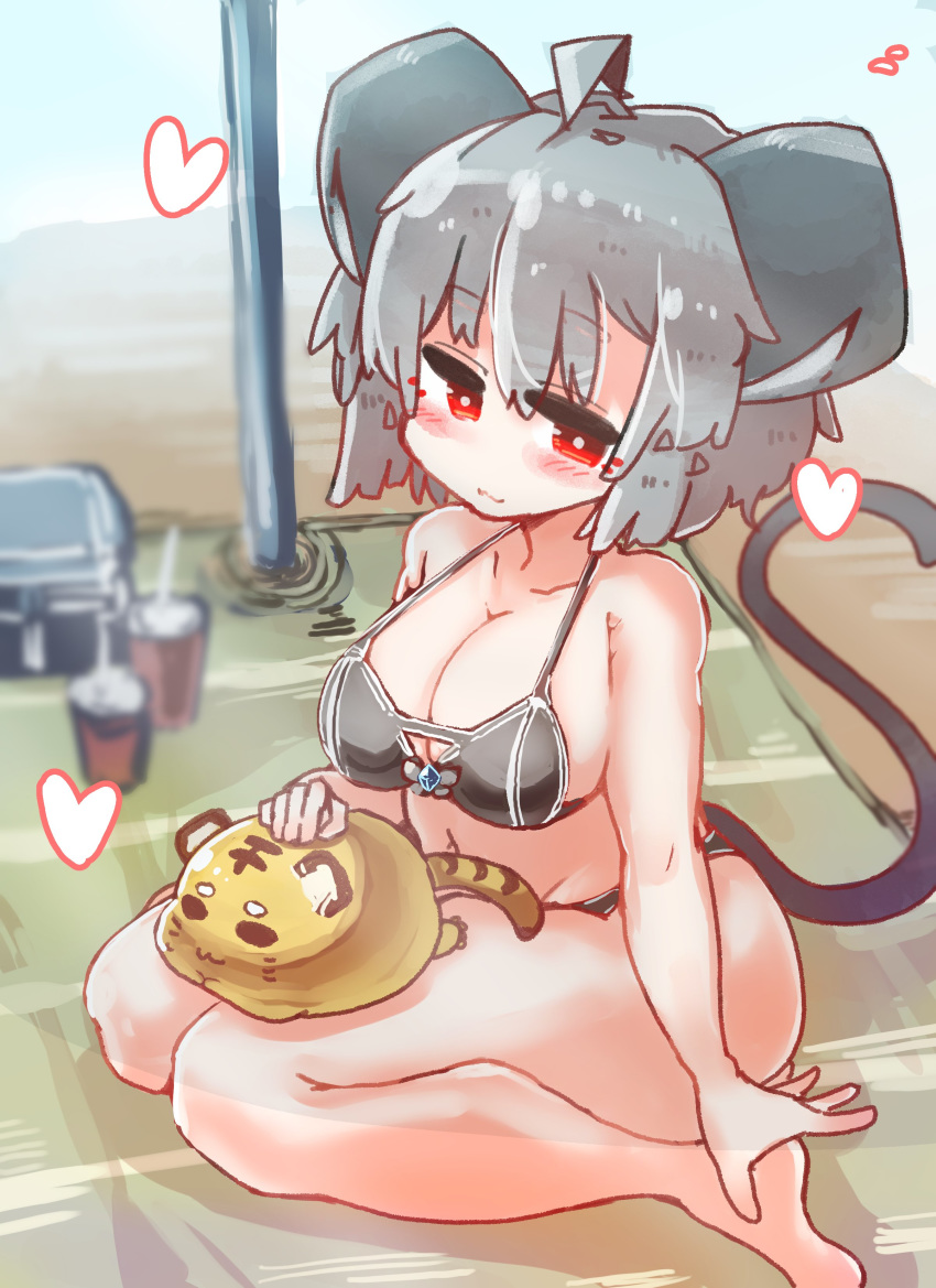 absurdres animal_ears beach beach_towel beach_umbrella bikini blush breasts cleavage daruia_(sabitare) day female grey_hair highres looking_at_viewer mouse_ears mouse_tail navel nazrin outdoors red_eyes short_hair smile swimsuit tail toramaru_shou toramaru_shou_(tiger) touhou towel umbrella