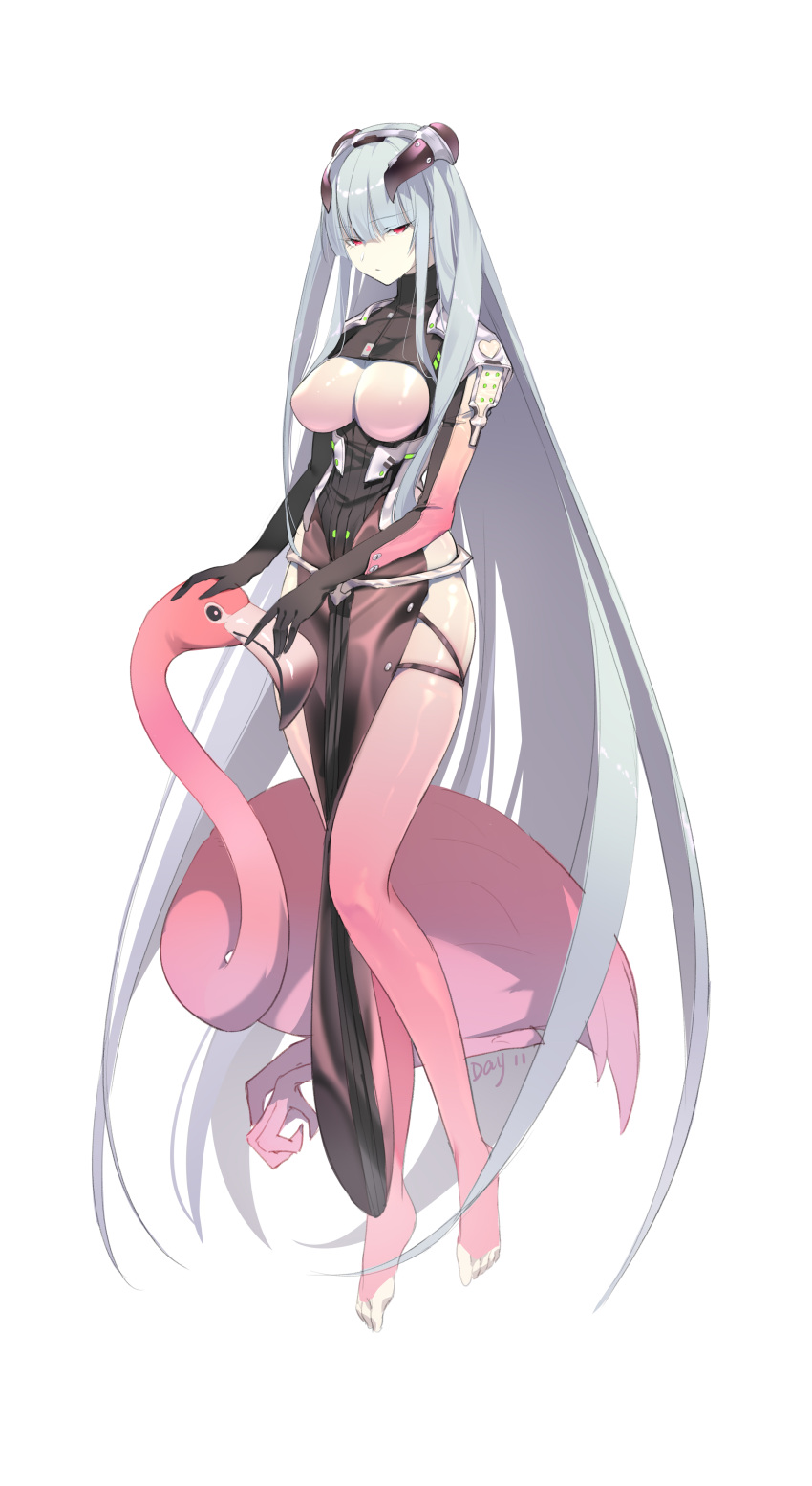 absurdly_long_hair absurdres animal bird black_eyes black_leotard blunt_bangs bodysuit bodysuit_under_clothes breastless_leotard breasts closed_mouth commentary english_commentary english_text expressionless female flamingo full_body grey_hair half-closed_eyes headgear headpat heart highres large_breasts leotard long_hair looking_at_viewer nana_ann original pale_skin pelvic_curtain pink_bodysuit red_eyes ribbed_leotard shiny_clothes shoulder_pads shrug_(clothing) sidelocks simple_background skindentation solo standing toeless_bodysuit turtleneck very_long_hair white_background