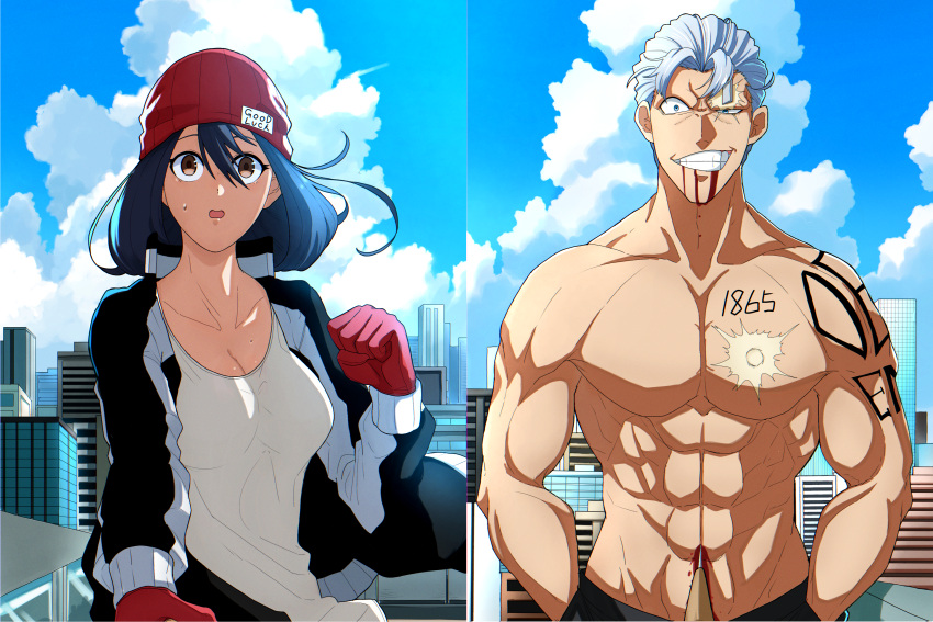 1boy abs absurdres andy_(undead_unluck) arm_tattoo beanie black_jacket bleeding blood blue_eyes breasts brown_eyes building city cleavage clenched_hand commentary_request day female gloves grey_hair grin hair_between_eyes hands_in_pockets hat highres impaled izumo_fuuko jacket long_sleeves medium_breasts medium_hair muscular muscular_male pectorals red_beanie red_gloves red_headwear shishiruto skullcap skyscraper smile sweatdrop tattoo topless_male undead_unluck