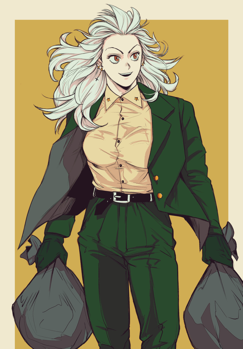 absurdres belt blazer breasts brown_shirt buckle buttons collared_shirt dorohedoro dress_shirt earrings female florbetriz formal gloves green_jacket high-waist_pants highres jacket jewelry large_breasts long_hair looking_to_the_side messy_hair noi_(dorohedoro) open_mouth pants red_eyes shirt simple_background smile star_(symbol) suit trash_bag walking white_background white_hair yellow_background