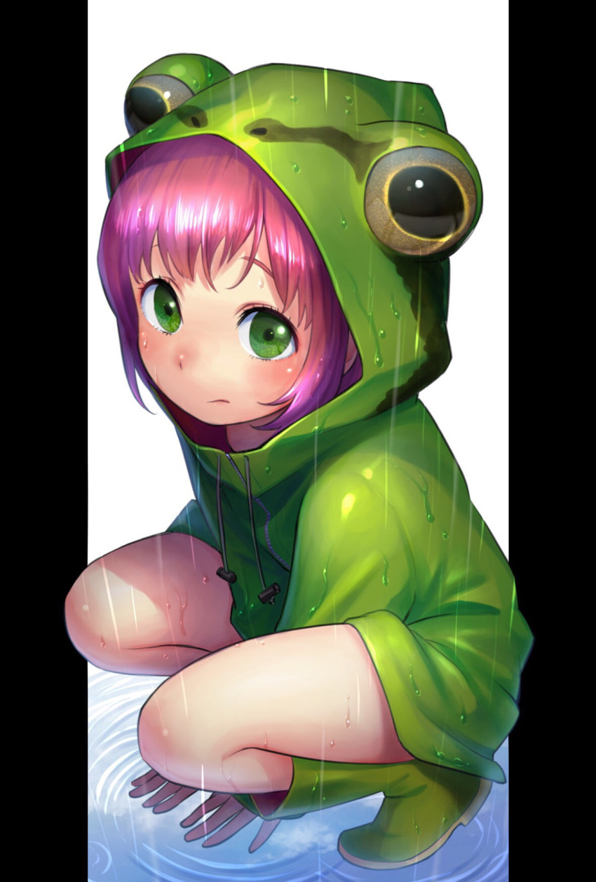 animal_hood arm_support boots closed_mouth commentary_request drawstring female frog_hood frog_raincoat frown full_body green_eyes green_footwear highres hood hood_up kalua lolicon long_sleeves looking_at_viewer original outside_border pillarboxed pink_hair rain raincoat rubber_boots short_hair solo squatting wet zipper