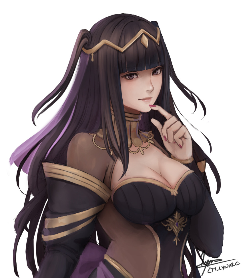 absurdres black_dress black_hair bodystocking breasts bridal_gauntlets bridal_veil bride cleavage cm_lynarc collar covered_navel dark_bride dress female fingernails fire_emblem fire_emblem_awakening fire_emblem_heroes grey_eyes highres large_breasts long_hair official_alternate_costume shaded_face signature simple_background skin_tight solo tharja_(bridal)_(fire_emblem) tharja_(fire_emblem) tiara upper_body veil wedding_dress white_background