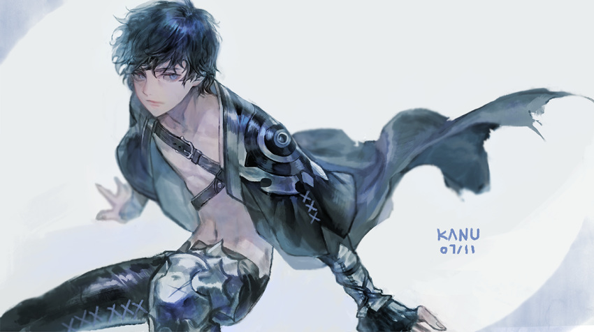 1boy armor bare_pectorals black_gloves black_hair black_jacket blue_eyes closed_mouth collarbone dated fingerless_gloves fingernails gloves jacket kim_hana knee_pads male_focus navel original pectorals scratches signature sitting solo torn_clothes torn_jacket