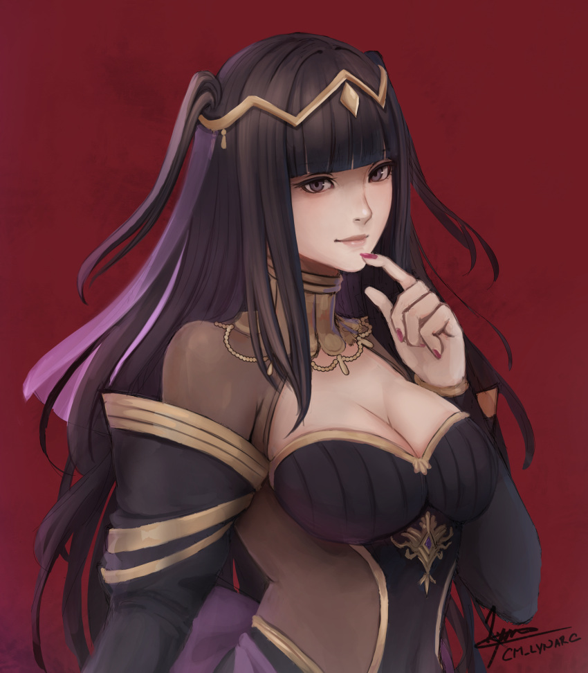 absurdres black_dress black_hair bodystocking breasts bridal_gauntlets bridal_veil bride cleavage cm_lynarc collar covered_navel dark_bride dress female fingernails fire_emblem fire_emblem_awakening fire_emblem_heroes grey_eyes highres large_breasts long_hair official_alternate_costume red_background shaded_face signature simple_background skin_tight solo tharja_(bridal)_(fire_emblem) tharja_(fire_emblem) tiara upper_body veil wedding_dress