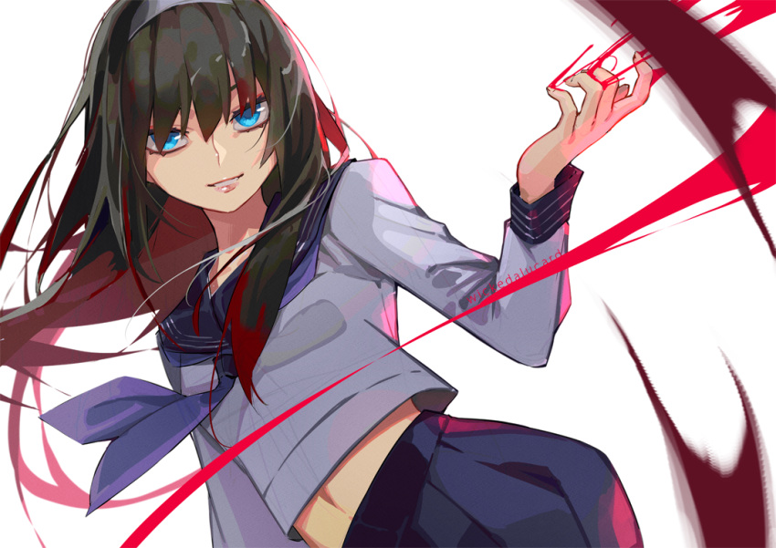 artist_name black_hair blouse blue_eyes blue_neckerchief blue_serafuku blue_shirt blue_skirt colored_inner_hair cowboy_shot eyebrows_hidden_by_hair female hairband ian_olympia long_hair long_sleeves looking_at_viewer melty_blood midriff_peek multicolored_hair neckerchief pleated_skirt red_hair sailor_collar school_uniform serafuku shirt sidelocks skirt smile solo tohno_akiha tsukihime tsukihime_(remake) white_background