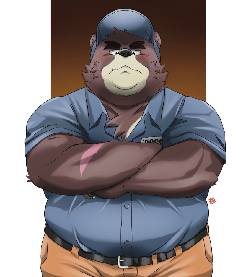 2022 anthro bear boss_(kamui_shirow) bottomwear clothing cute_fangs delivery_bear_service hat headgear headwear hi_res kamui_shirow kemono male mammal mature_male overweight overweight_male pants scar shirt solo topwear