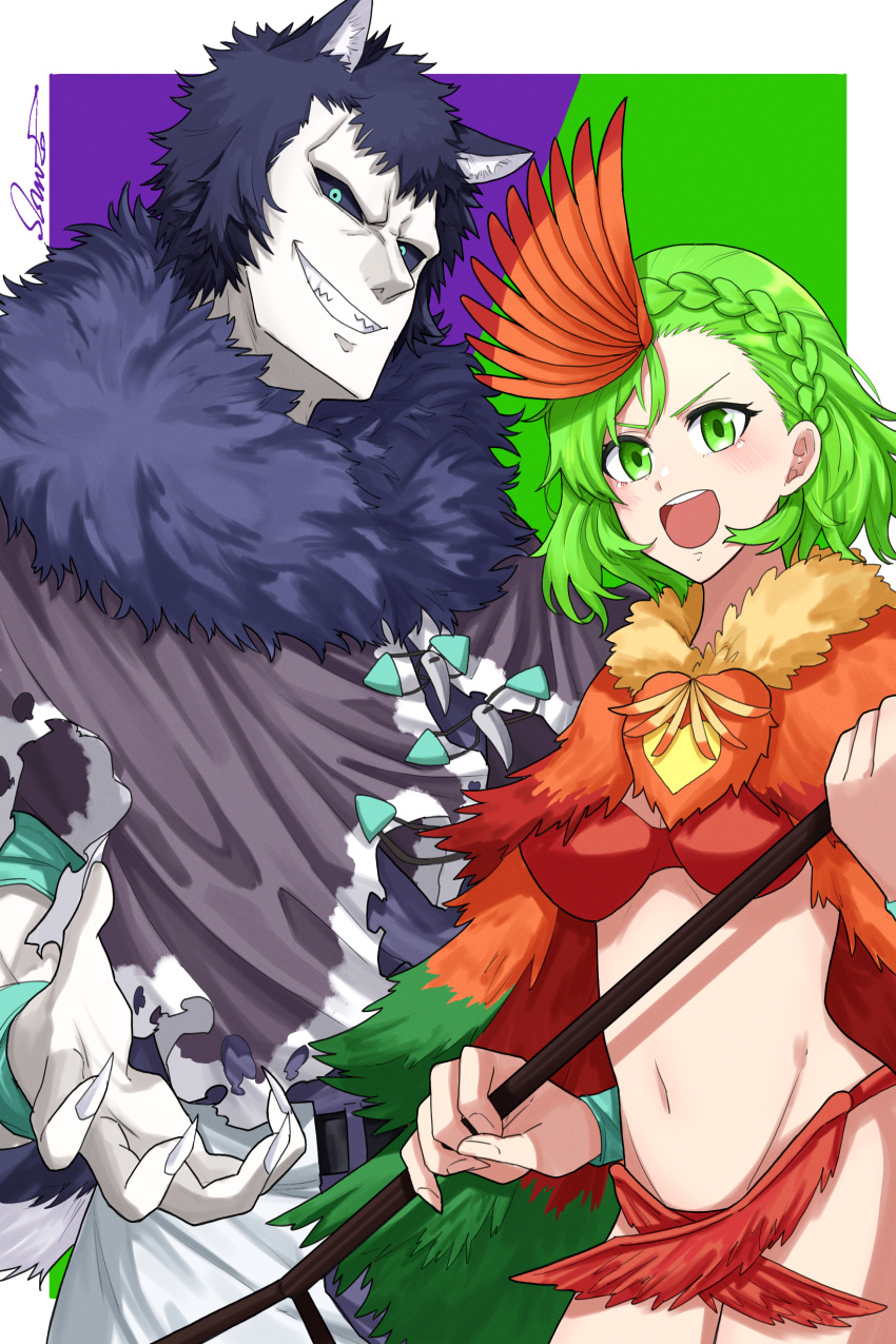 1boy :d absurdres animal_ears bikini black_sclera blue_eyes braid breasts cape claws colored_sclera dog_ears dog_tail feather_hair_ornament feathers female fur_collar green_eyes green_hair grin hair_ornament highres juuni_taisen looking_at_viewer medium_breasts midriff navel niwa_ryouka red_bikini shishiruto smile swimsuit tail tsukui_michio