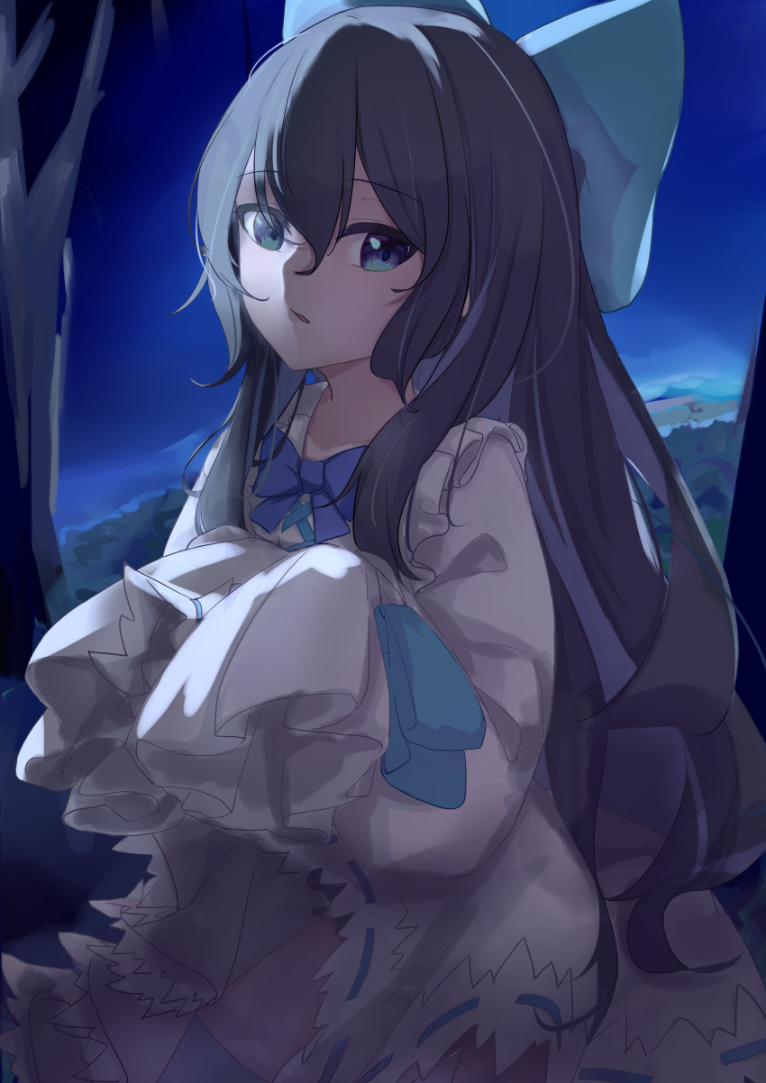 absurdres black_hair blue_eyes blue_ribbon bow commentary dress female frills hairbow highres little_witch_nobeta long_hair looking_at_viewer moonlight night night_sky outdoors pale_skin parted_lips ribbon sky sleeves_past_wrists solo tania_(little_witch_nobeta) tree white_dress ww1w1