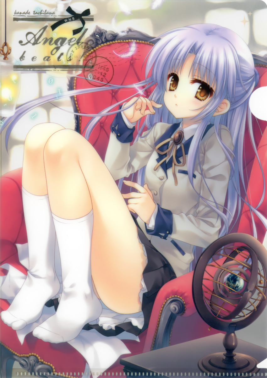 absurdres angel_beats! armchair blazer blue_hair brooch chair face feet feet_on_chair female footwear globe highres jewelry knee_socks kneehighs long_hair looking_at_viewer miniskirt no_shoes pleated_skirt postage_stamp postmark red_upholstery scan school_uniform sitting skirt socks solo stamp tachibana_kanade tatekawa_mako tenshi_(angel_beats!) white_legwear yellow_eyes