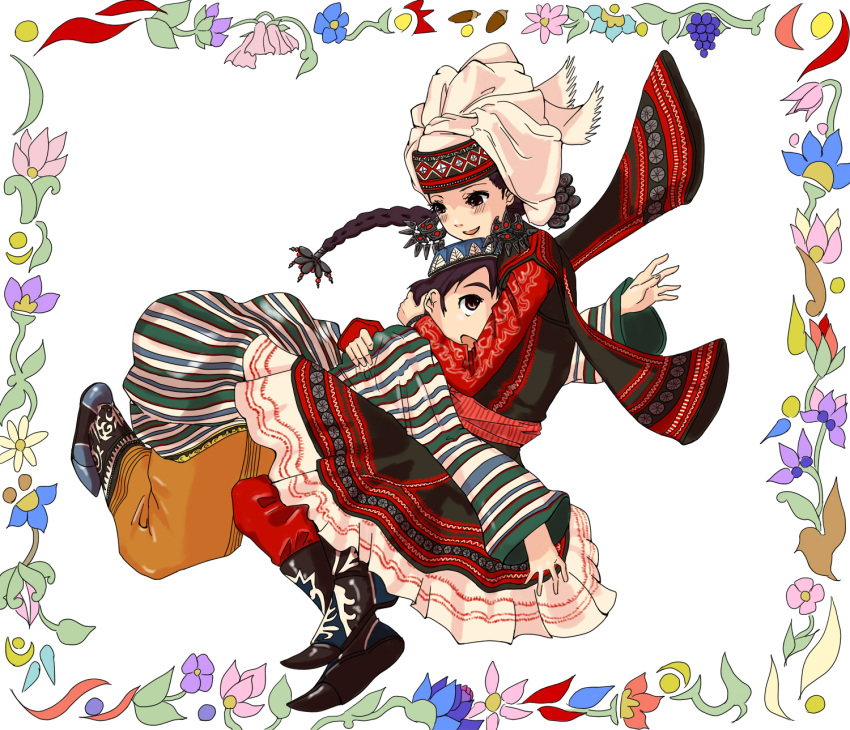 1boy amira black_hair blush boots braid brown_eyes commentary_request couple dress earrings female flower gackt-c hat highres hug husband_and_wife jewelry karluk long_hair otoyomegatari smile straight