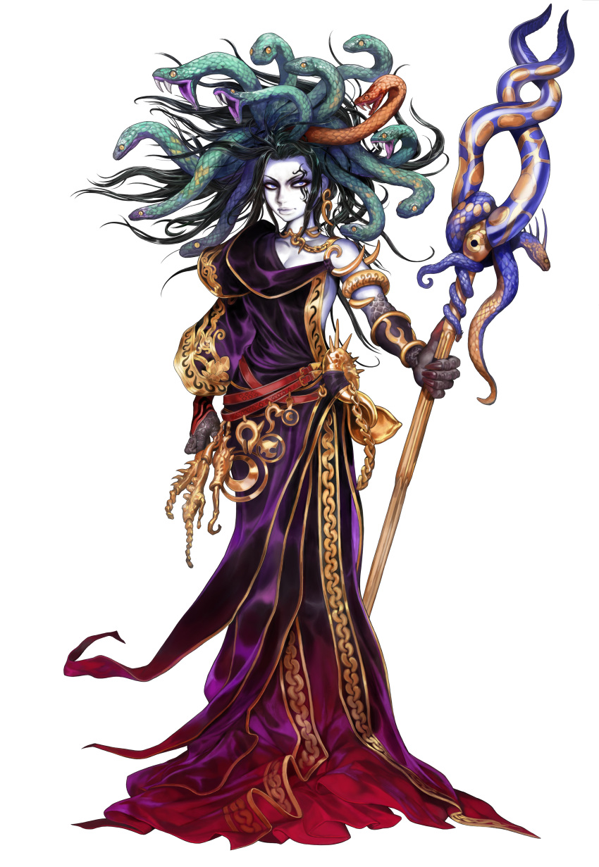 absurdres black_hair blue_eyes dress female full_body highres hirooka_masaki kid_icarus kid_icarus_uprising lips long_hair medusa_(kid_icarus) monster_girl official_art snake snake_hair solo staff tattoo transparent_background