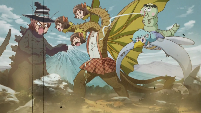 anime_screenshot bow chapeauji dororon_enma-kun enma-kun film_grain fudou_harumi godzilla godzilla_(series) hat kaijuu kappaeru king_ghidorah monster mothra mount_fuji no_humans parody retro_artstyle rodan silk skirt tail watermark wings yukiko_hime