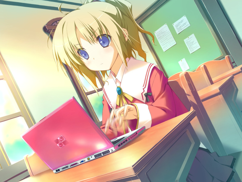 blonde_hair blue_eyes cg classroom computer eroge fast_typing happy_margaret laptop motion_blur school_uniform