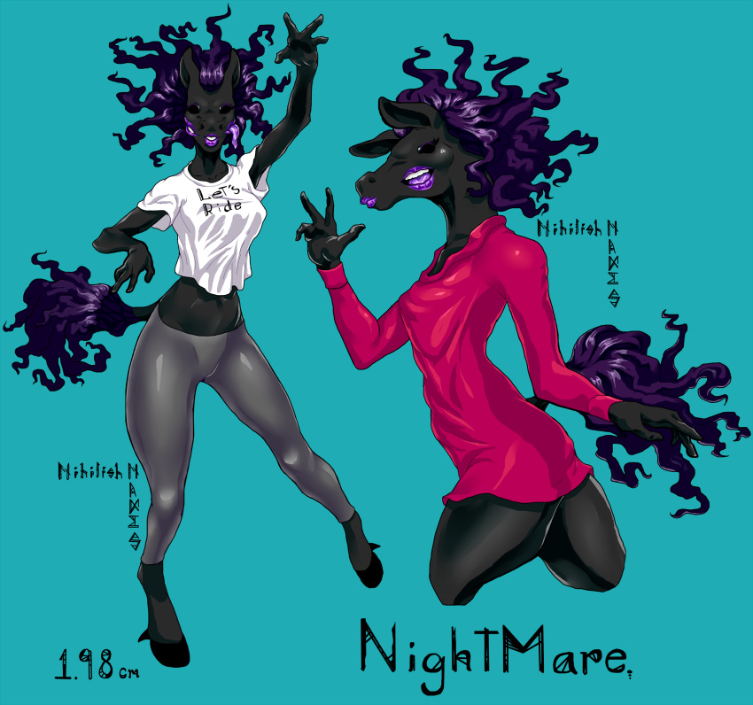 3_mouths 4_fingers black_eyes clothed dark_skin demon draw eldritch_abomination female female_only furry furry_only hooves horse horse_girl leggings lipstick monster nightmare_(nihilishn) nihilishn no_sex oc original_character purple_hair shirt sweater tail taller_female taller_girl text