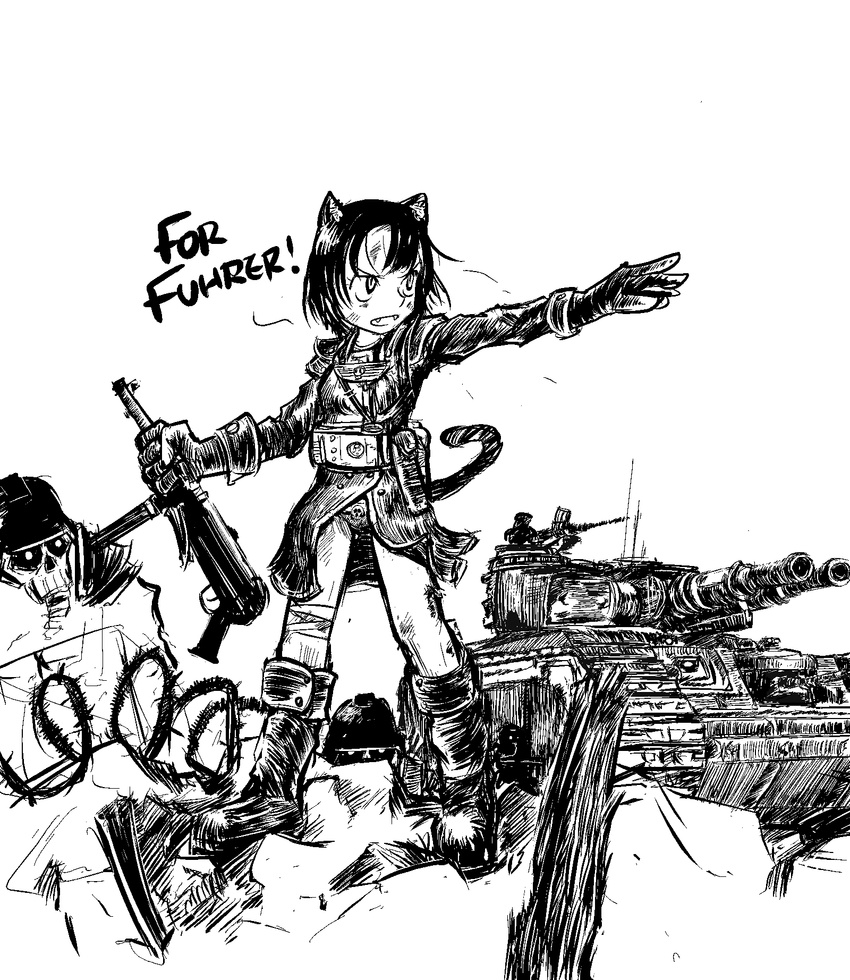 animal_ears bad_id bad_pixiv_id boots cat_ears caterpillar_tracks eccma417 female gloves greyscale gun helm helmet highres military military_uniform military_vehicle monochrome motor_vehicle mp40 oerba_yun_fang open_mouth rubble short_hair submachine_gun tail tank uniform warhammer_40k weapon